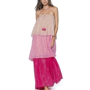PQ Swim Briar Colorblock Tiered Maxi Cover Up Dress M/L Pink Metallic